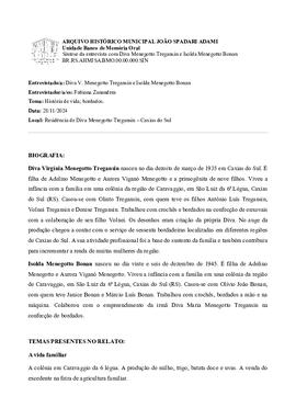 Síntese da entrevista com Diva Virgínia Menegotto Tregansin e Isolda Menegotto Bonan