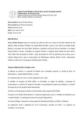 Síntese da entrevista com Neusa Webber Demori