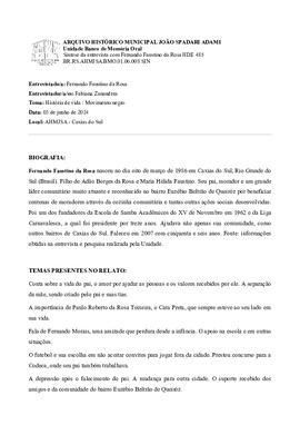 Síntese da entrevista com Fernando Faustino da Rosa