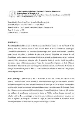 Síntese da entrevista com Paulo Sérgio Nunes da Silva e José Luís Borges Lyrio