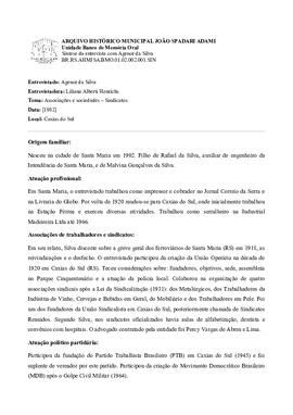 Síntese da entrevista com Agenor da Silva