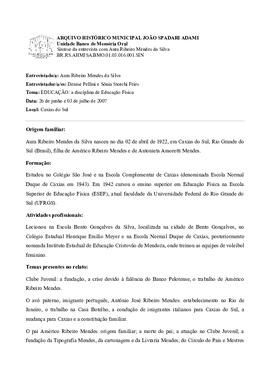 Síntese da entrevista com Aura Ribeiro Mendes da Silva
