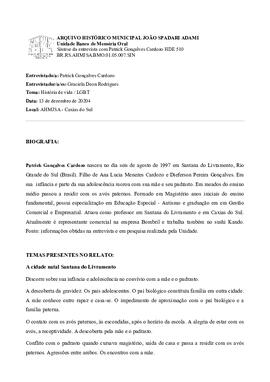 Síntese da entrevista com Patrick Gonçalves Cardozo