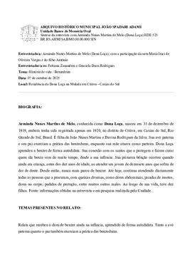 Entrevista com Arminda Nunes Martins de Melo (Dona Loça)