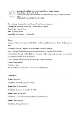 Síntese e transcrição da entrevista com Ermelinda Cavinatto Giongo e Vanda Cavinatto Spiegeorin
