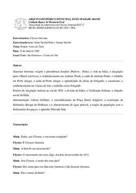 Síntese e transcrição da entrevista com Ulysses Geremia