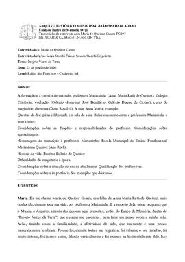 Síntese e transcrição da entrevista com Maria de Queiroz Casara