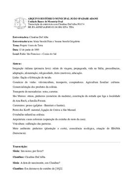 Síntese e transcrição da entrevista com Claudino Dal'Alba