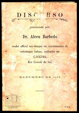 Capa de discurso em evento das Comemorações do Cinquentenário da Imigração Italiana no Rio Grande do Sul - 1925
