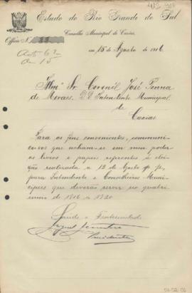 Correspondência recebida pela Prefeitura da Câmara Municipal