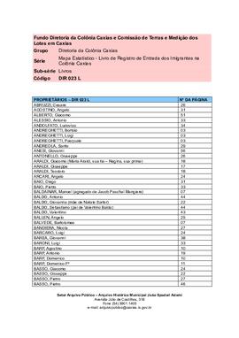 Índice do Mapa estatístico da ex-Colônia Caxias - DIR 023 L
