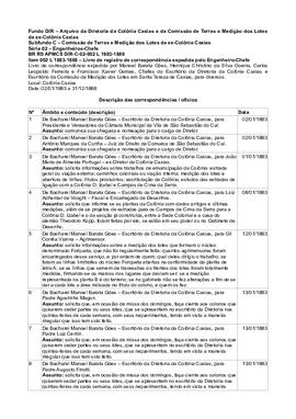 Tabela descritiva dos documentos do Livro de registro de correspondência expedida pelo Engenheiro-Chefe