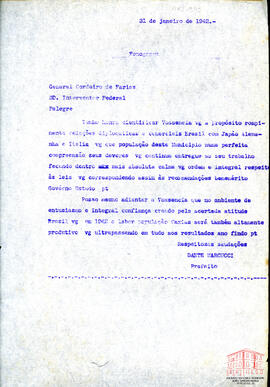 Fonograma enviado pelo Prefeito Dante Marcucci, para o Interventor Federal General Cordeiro de Farias