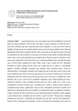 Transcrição da palestra: Educação e Realidade Social - I Simpósio Municipal de Educação - 1983