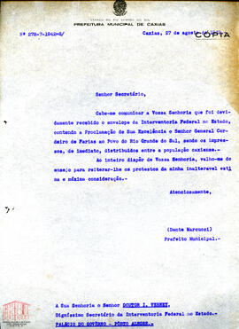 Correspondência enviada pelo Prefeito Municipal para o Secretário da Interventoria Federal no Estado